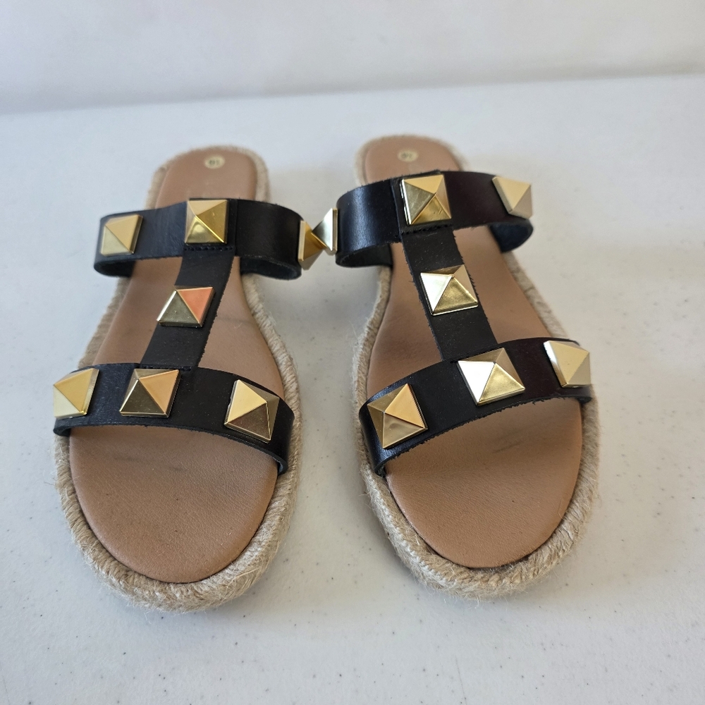 Maypol Raffia Trim Studded Leather Sandal Size 9.5 EU 41 Open Toe Slip-on Summer - Picture 7 of 13